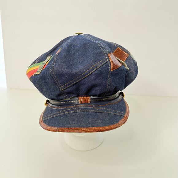 Opio Denim Baker Boy Cap One Size Patchwork JAH Painted Retro 70s Streetwear Y2K - Picture 1 of 8